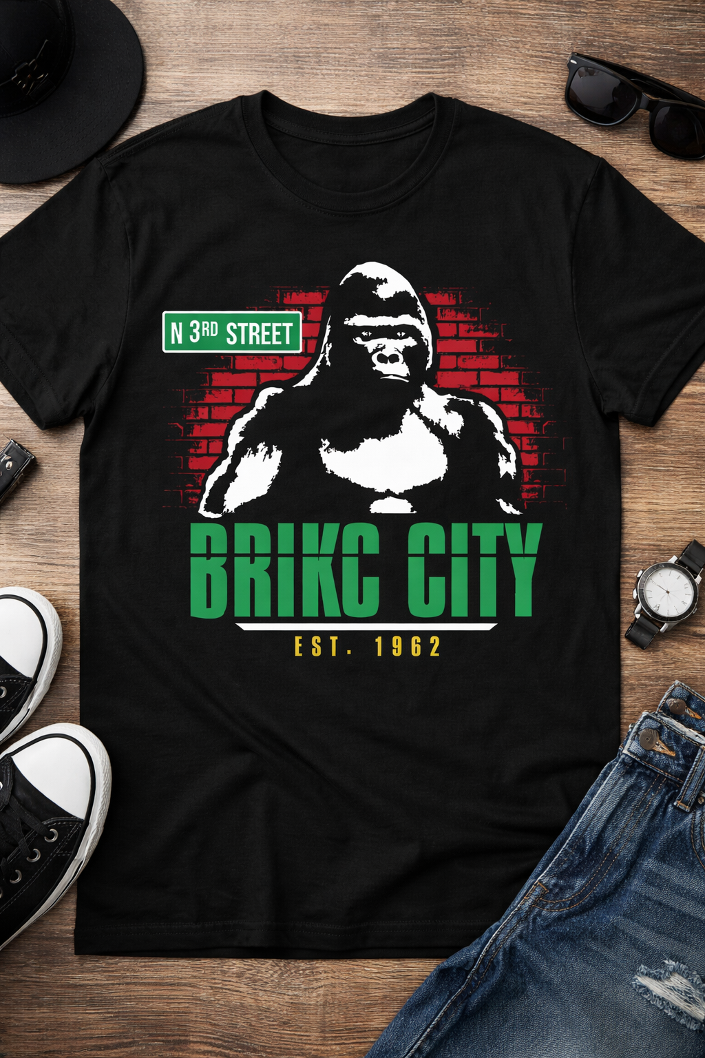 Red and Green Brick-City Gorilla In The Midst T Shirt