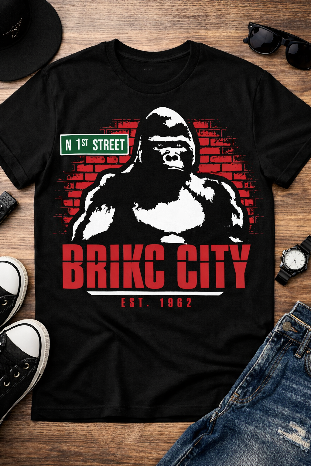 Black t-shirt with Red and White gorilla graphic and 'BRIKC CITY' text