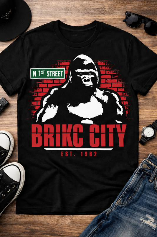 Black t-shirt with Red and White gorilla graphic and 'BRIKC CITY' text